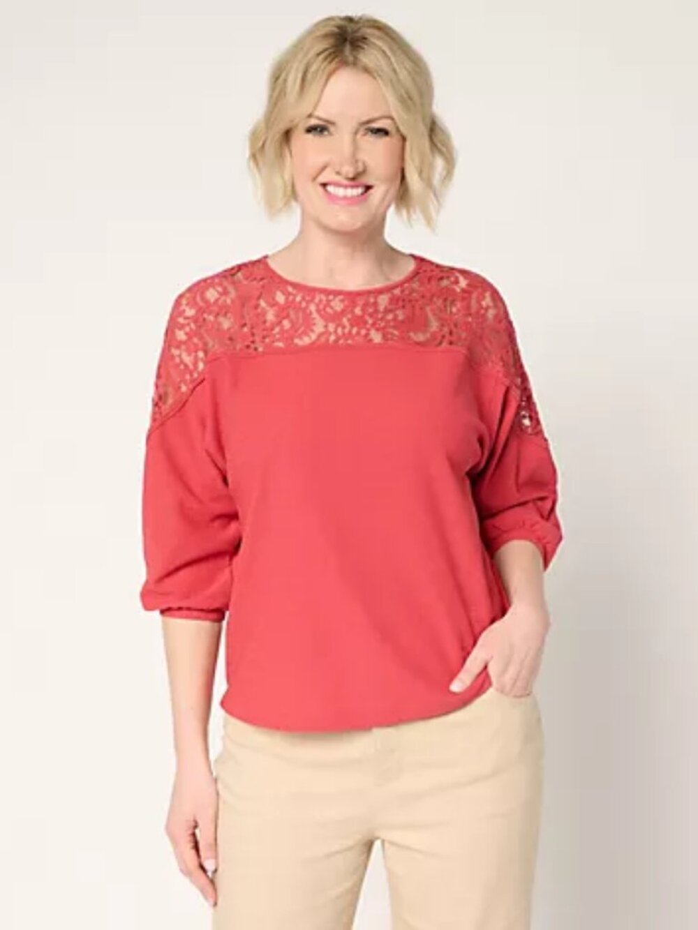 BEAUTIFUL by Lawrence Zarian Holly Lace Crew Neck 3/4 Slv Top, Rose Sz XL a69362